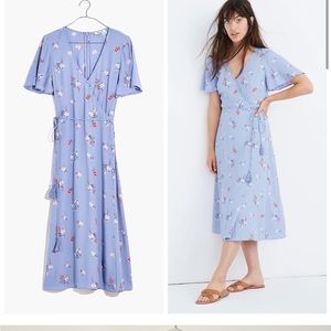 Madewell Button Wrap Tie Waist Midi Dress Flutter Sleeve Blue Aloha Floral